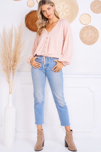 Pink Long Sleeve Top With Hoodie and Drawstring Waist With Jeans